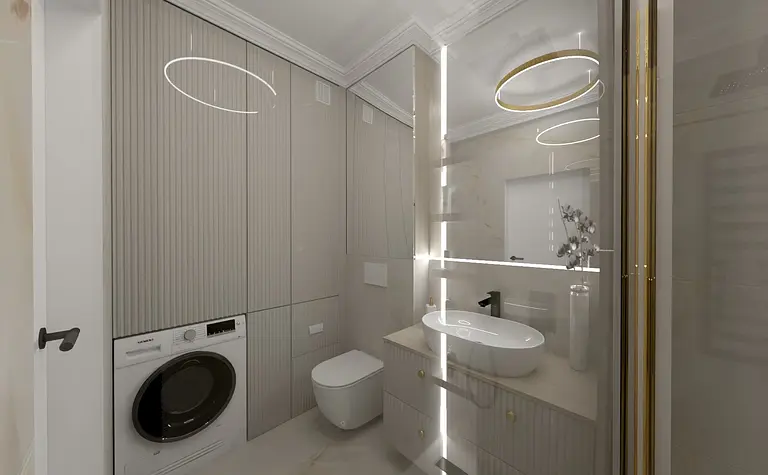 Wnętrze łazienki z elementami art deco i glamour, beżowe meble, nowoczesne oświetlenie.