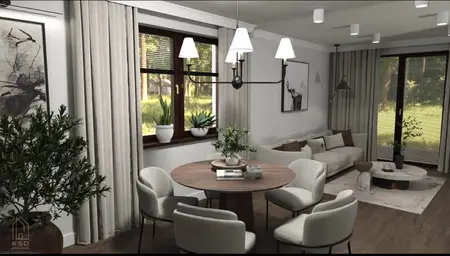 Wnętrze eklektycznego salonu z białą sofą i drewnianym stołem.