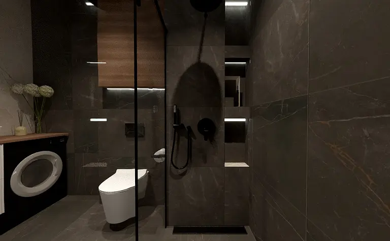 Współczesna łazienka z ciemnymi płytkami, drewnianymi elementami oraz prysznicem.