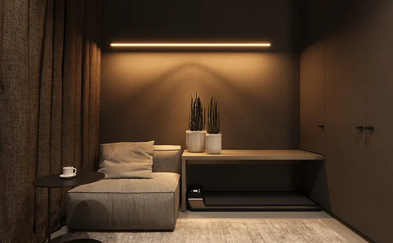 Wnętrze eklektycznego pokoju z minimalistycznym sofą i soft minimalizmem.
