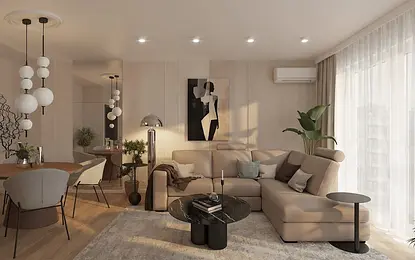 Wnętrze salonu z jasnymi meblami, nowoczesnymi lampami i roślinami.