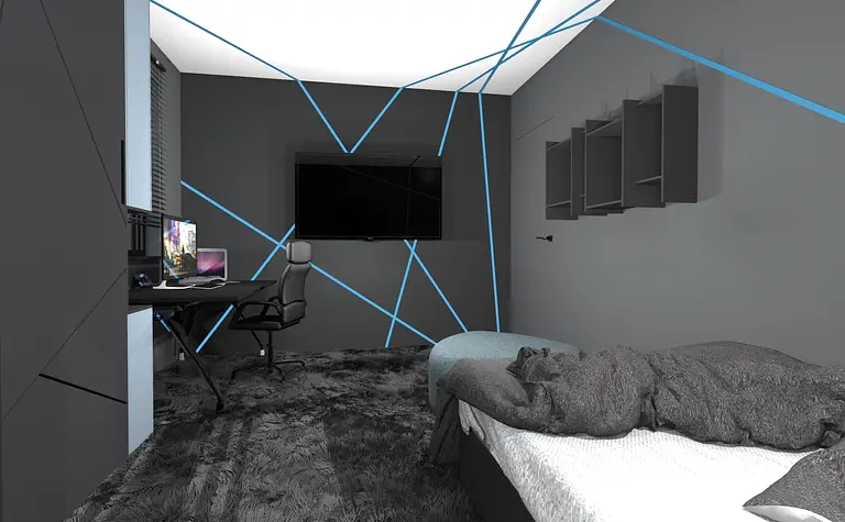 Wnętrze pokoju z biurkiem, szarością i niebieskimi akcentami w stylu dopamine decor, industrialnym, nowoczesnym, współczesnym.