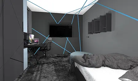 Wnętrze pokoju z biurkiem, szarością i niebieskimi akcentami w stylu dopamine decor, industrialnym, nowoczesnym, współczesnym.
