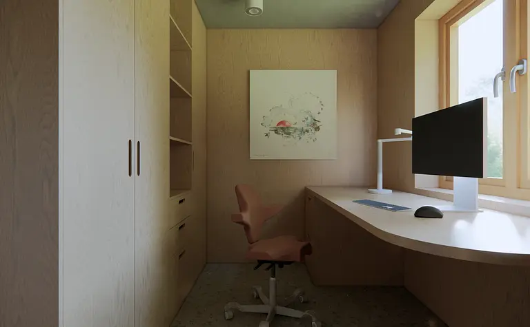 Wnętrze gabinetu w stylu japandi i minimalistycznym z drewnianymi meblami.