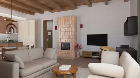 Wnętrze salonu w stylu eklektycznym z vintage akcentami i soft minimalizmem.