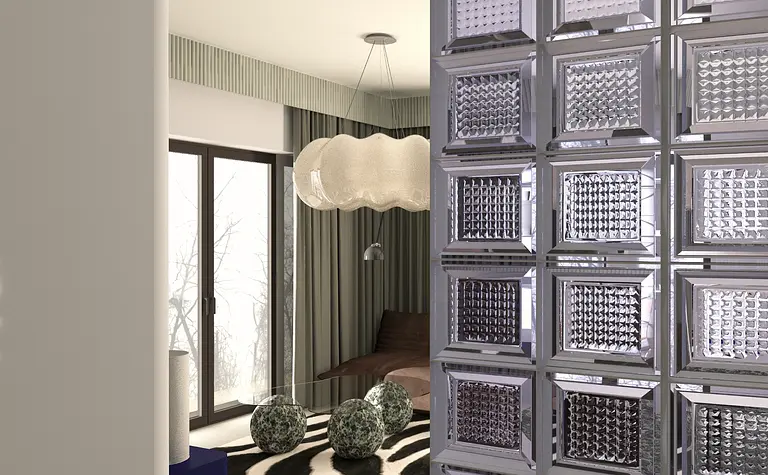 Wnętrze z dużymi oknami, nowoczesnym oświetleniem i szklanym elementem dekoracyjnym.