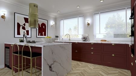 Wnętrze kuchni w stylu prowansalskim i tradycyjnym z czerwonymi meblami i białym blatem