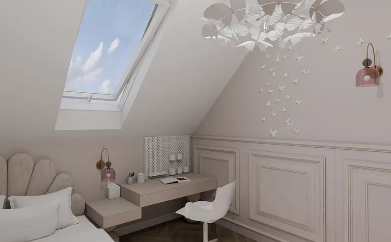 Wnętrze poddasza z minimalistycznym biurkiem i lampą
