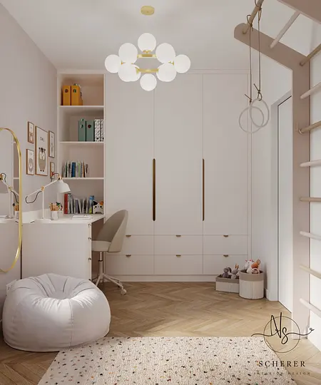 Wnętrze nowoczesnego pokoju z białymi meblami, biurkiem i podłogą w kolorze drewna.