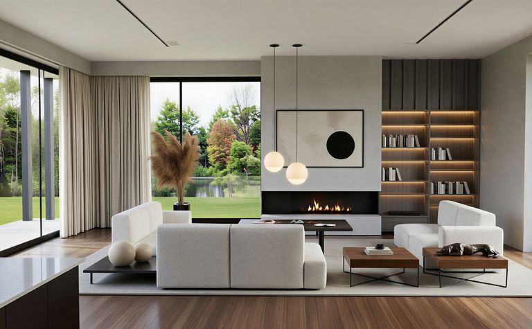 Wnętrze salonu z białymi meblami, drewnianymi akcentami oraz dużymi oknami