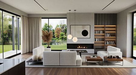 Wnętrze salonu z białymi meblami, drewnianymi akcentami oraz dużymi oknami