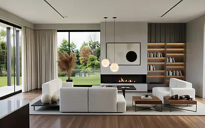 Wnętrze salonu z białymi meblami, drewnianymi akcentami oraz dużymi oknami