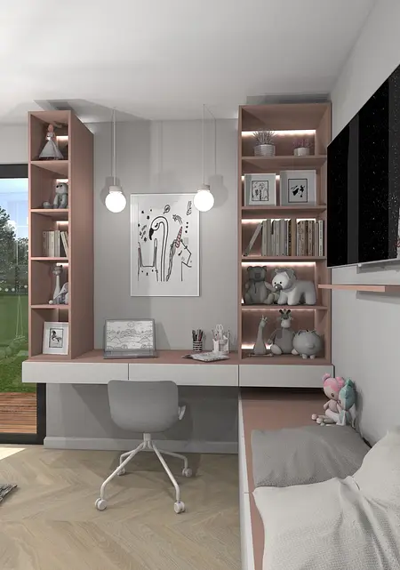 Wnętrze pokoju dziecięcego z biurkiem, różowymi akcentami, styl dopamine decor, industrialny, nowoczesny.