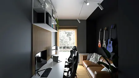 Wnętrze gabinetu w stylu industrialnym, minimalistycznym z nowoczesnym biurkiem i sofą.