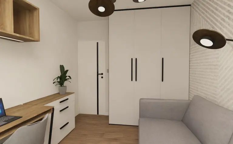 Wnętrze minimalistycznego pokoju z białymi meblami i nowoczesnym biurkiem.