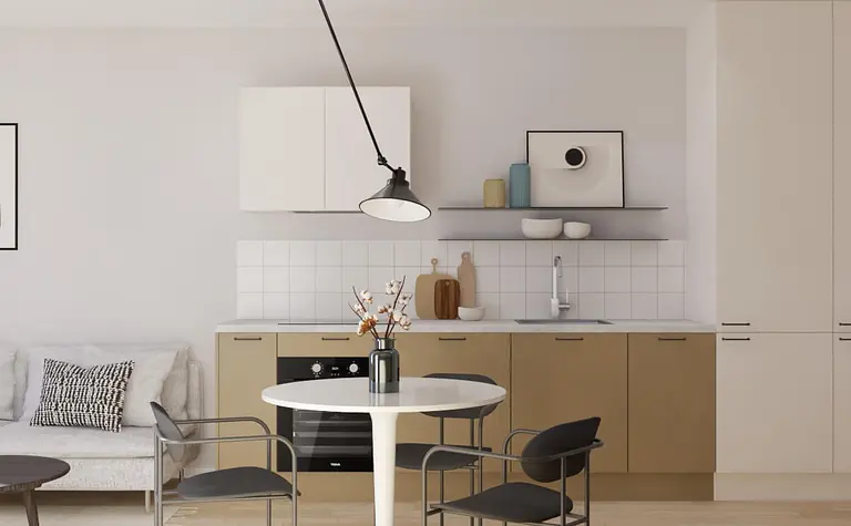 Jasna kuchnia w stylu japandi z minimalistycznym wystrojem.
