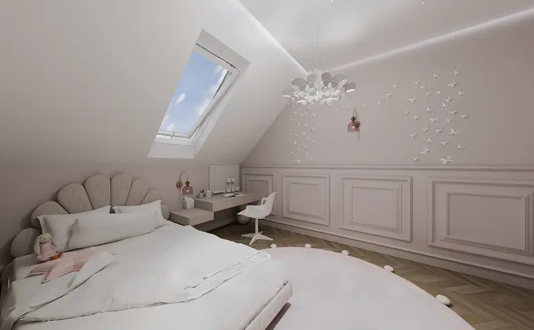 Wnętrze poddasza z białym łóżkiem, biurkiem i różowymi dodatkami. Styl minimalistyczny.