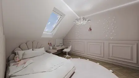 Wnętrze poddasza z białym łóżkiem, biurkiem i różowymi dodatkami. Styl minimalistyczny.