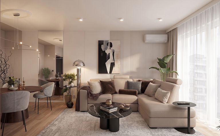 Nowoczesny salon z jasnymi meblami, ciemnym stolikiem i roślinami, styl minimaluxe.