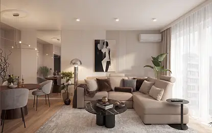 Nowoczesny salon z jasnymi meblami, ciemnym stolikiem i roślinami, styl minimaluxe.