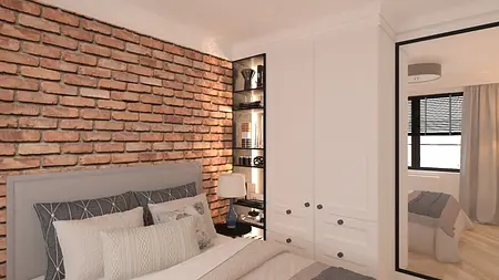Sypialnia z ceglaną ścianą, białymi meblami i nowoczesnymi akcentami.