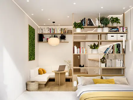 Nowoczesne wnętrze z minimalistycznym designem, biała sofa i drewniane półki z roślinami.