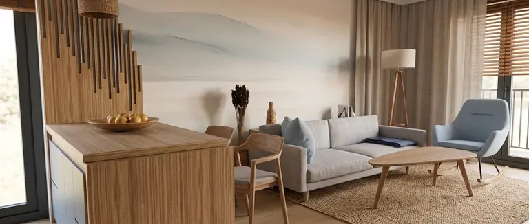Wnętrze salonu w stylu skandynawskim z jasnymi meblami i drewnianymi detalami.