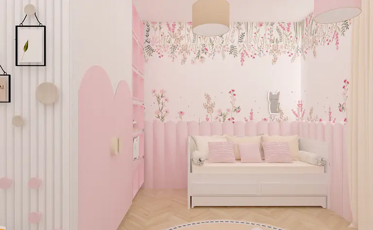 Wnętrze pokoju dziecięcego w stylu nowoczesnym, soft minimalizm, współczesnym z różowymi detalami.