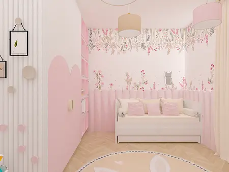 Wnętrze pokoju dziecięcego w stylu nowoczesnym, soft minimalizm, współczesnym z różowymi detalami.