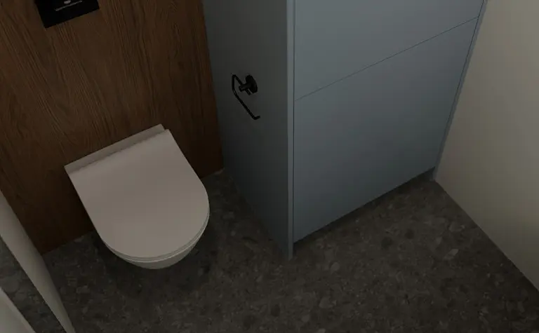 Wnętrze toalety z drewnianymi elementami i nowoczesnymi akcesoriami.