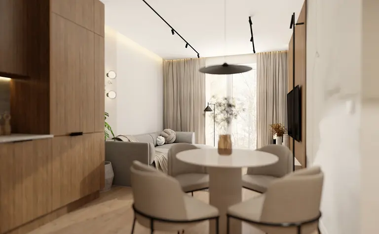 Wnętrze jadalni w stylu japandi, minimalistycznym, nowoczesnym, skandynawskim, współczesnym z drewnianym stołem.