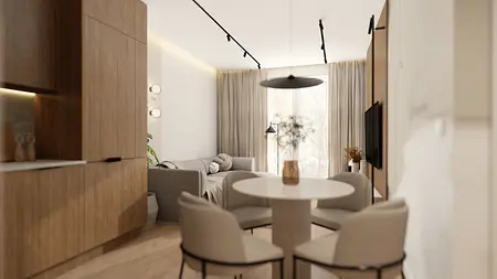 Wnętrze jadalni w stylu japandi, minimalistycznym, nowoczesnym, skandynawskim, współczesnym z drewnianym stołem.