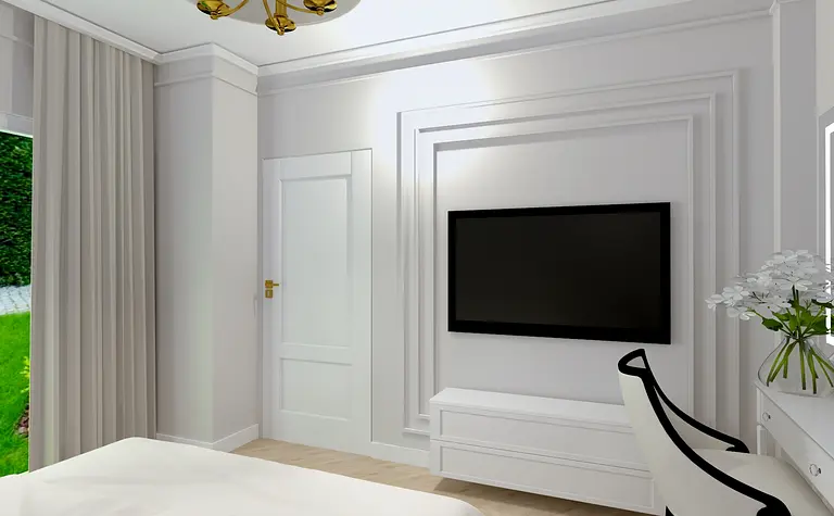 Wnętrze z białymi meblami, telewizorem i nowoczesnym oświetleniem w stylu glamour.