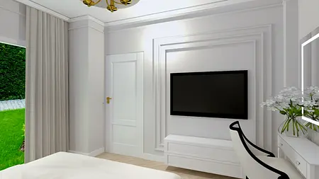 Wnętrze z białymi meblami, telewizorem i nowoczesnym oświetleniem w stylu glamour.