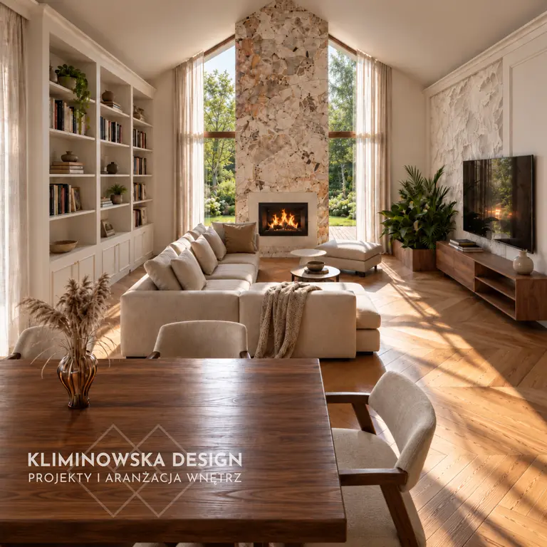 Wnętrze nowoczesnego salonu z kominkiem i jasnymi meblami, styl quiet luxury