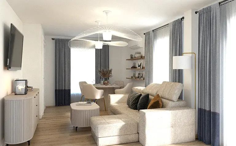 Wnętrze nowoczesnego salonu z szarym dywanem, jasnymi meblami i dużymi oknami.