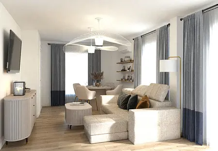 Wnętrze nowoczesnego salonu z szarym dywanem, jasnymi meblami i dużymi oknami.