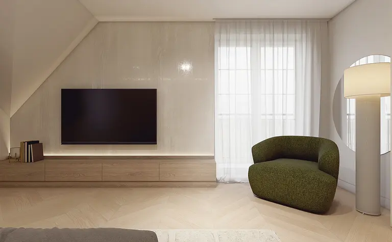 Stylowe wnętrze z telewizorem, zieloną sofą i minimalistycznymi akcentami.