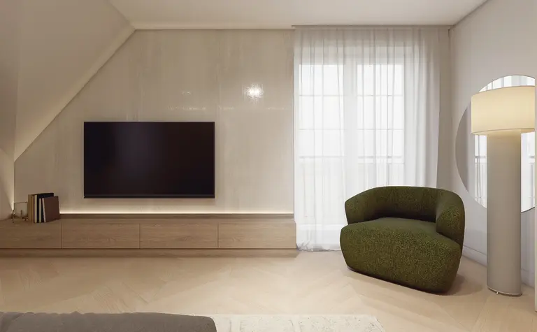 Stylowe wnętrze z telewizorem, zieloną sofą i minimalistycznymi akcentami.