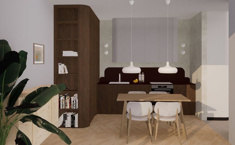 Eklektyczne wnętrze kuchni z drewnianymi meblami, minimalistycznymi detalami i vintage dodatkami.