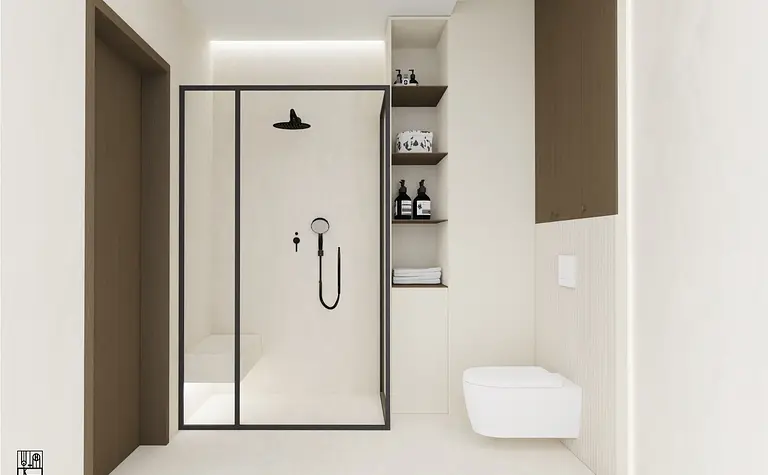 Nowoczesna łazienka z prysznicem, minimalistycznym wyposażeniem, art deco i japandi
