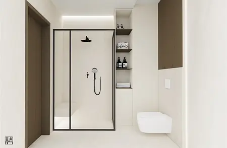 Nowoczesna łazienka z prysznicem, minimalistycznym wyposażeniem, art deco i japandi