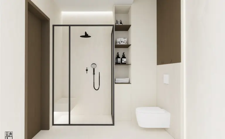 Nowoczesna łazienka z prysznicem, minimalistycznym wyposażeniem, art deco i japandi