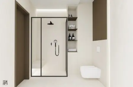 Nowoczesna łazienka z prysznicem, minimalistycznym wyposażeniem, art deco i japandi