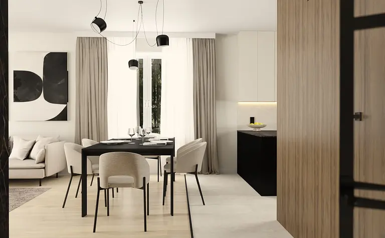 Wnętrze jadalni w stylu japandi, minimalistycznym, nowoczesnym, współczesnym.
