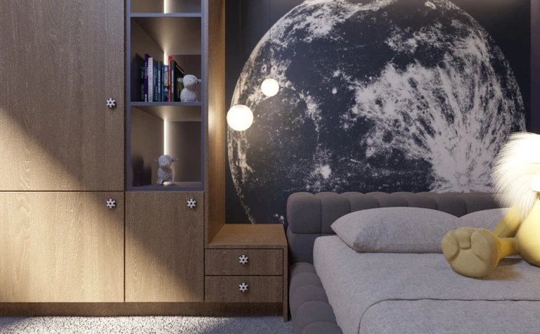 Pokój dziecięcy z drewnianą szafą i nowoczesnymi lampami w stylu industrialnym i minimalistycznym.