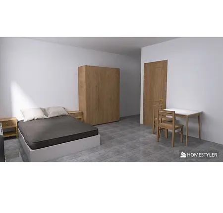 Wnętrze minimalistycznej sypialni z drewnianymi meblami i szarymi płytkami.
