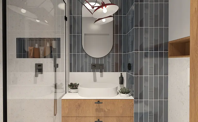 Wnętrze łazienki z drewnianymi elementami i nowoczesnymi akcesoriami dopamine decor.