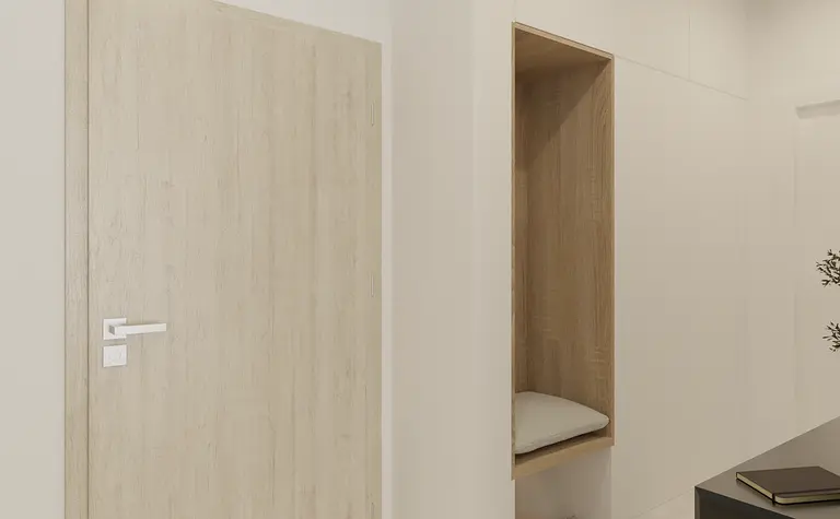 Przedpokój w stylu boho, japandi, minimalistycznym z drewnianymi elementami.
