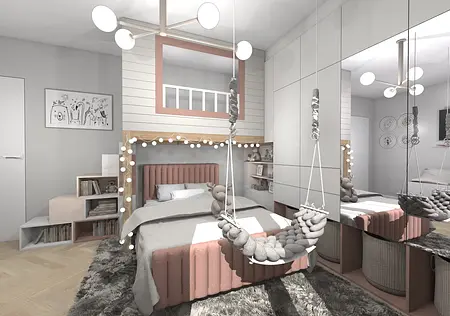 Wnętrze pokoju dziecięcego z różową kanapą i szarym dywanem, styl dopamine decor, industrialny, nowoczesny, współczesny.